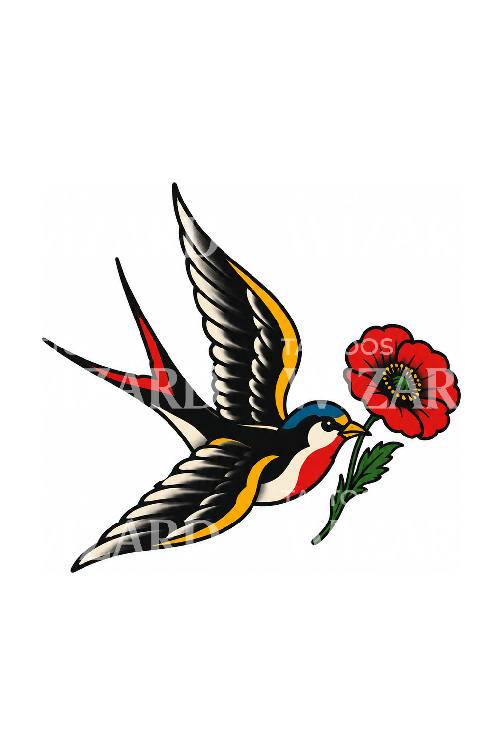 Ideia de tatuagem tradicional de andorinha e papoila vermelha