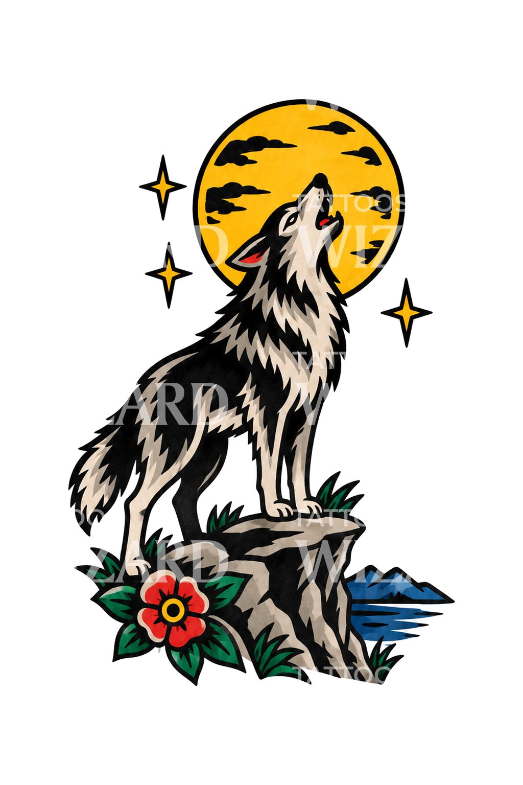 Traditional Wolf Howling from Cliff Tattoo Design