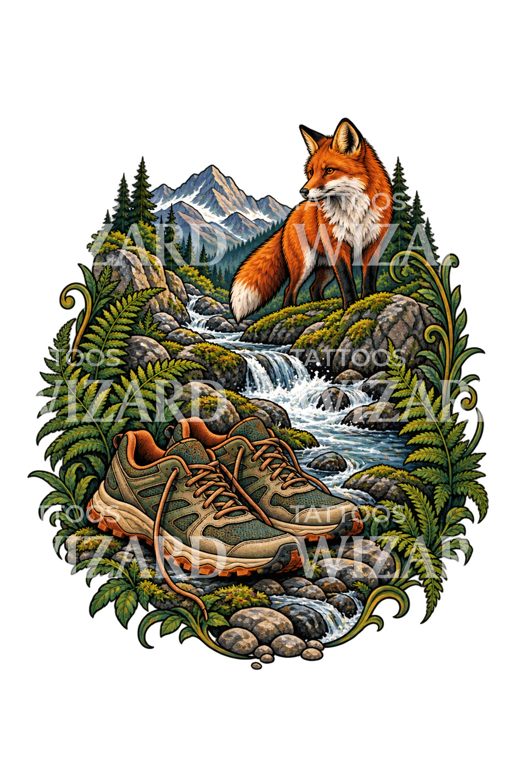 Tatuagem de sapatilhas de trail, ribeiro de montanha e raposa
