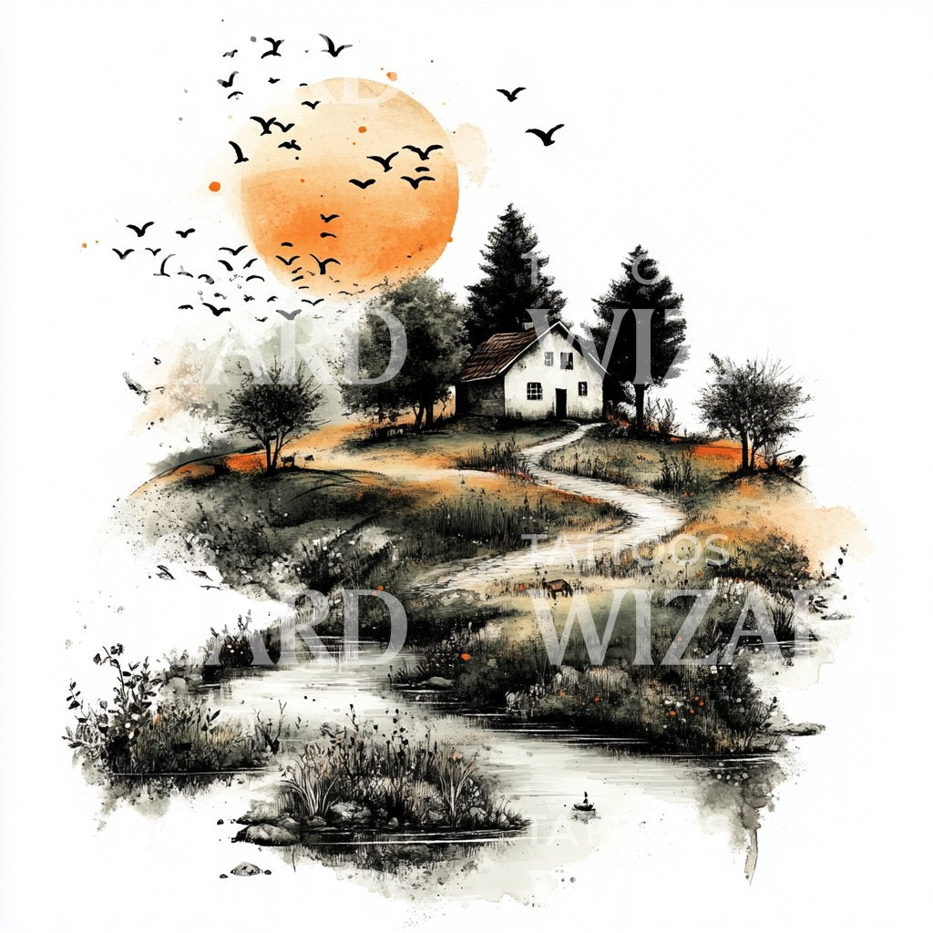 Tranquil Countryside Sunset Tattoo Idea