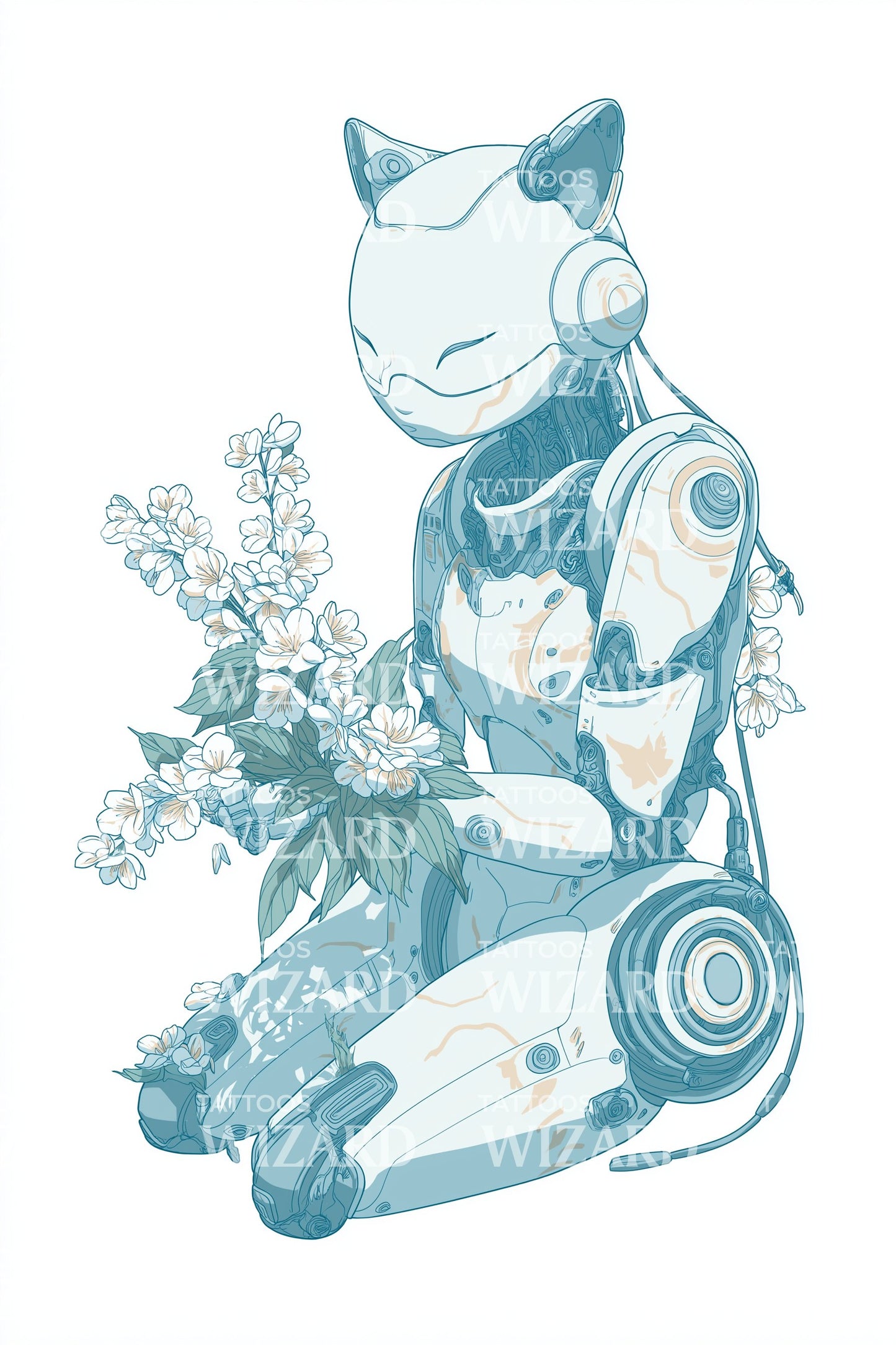 Tranquil Mech Cat Tattoo Design