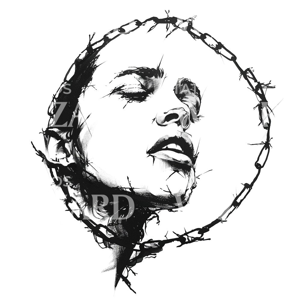 Trapped Face Breaking Through Chains Tattoo Design