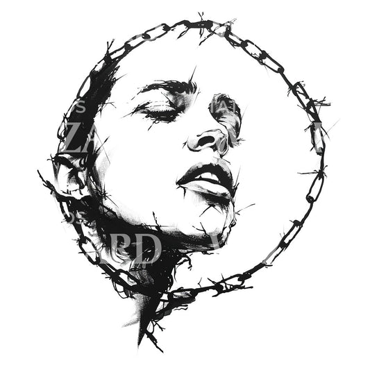 Trapped Face Breaking Through Chains Tattoo Design