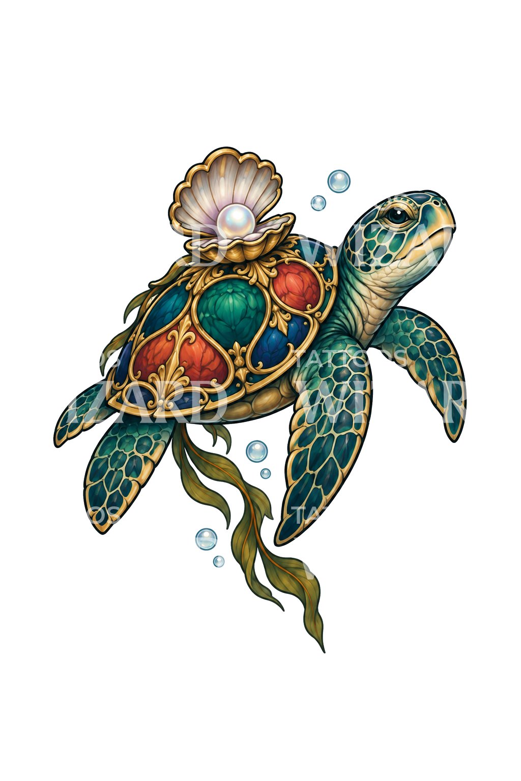 Neotraditionell tatueringsdesign med sköldpadda och skatt