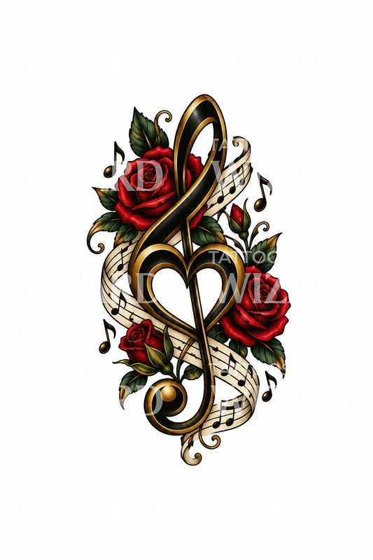 Treble Clef Heart with Roses Tattoo Design