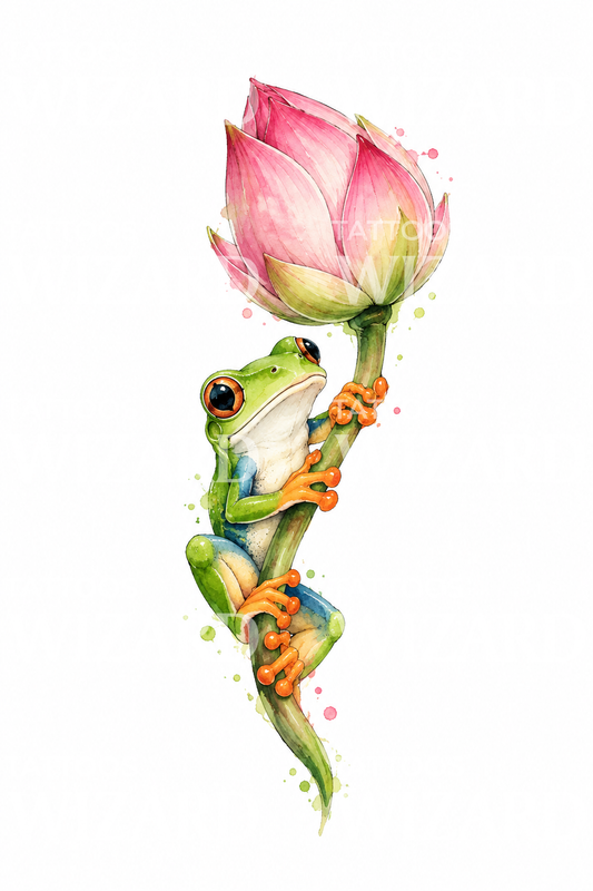 Aquareltattoo van een boomkikker op een lotusstengel