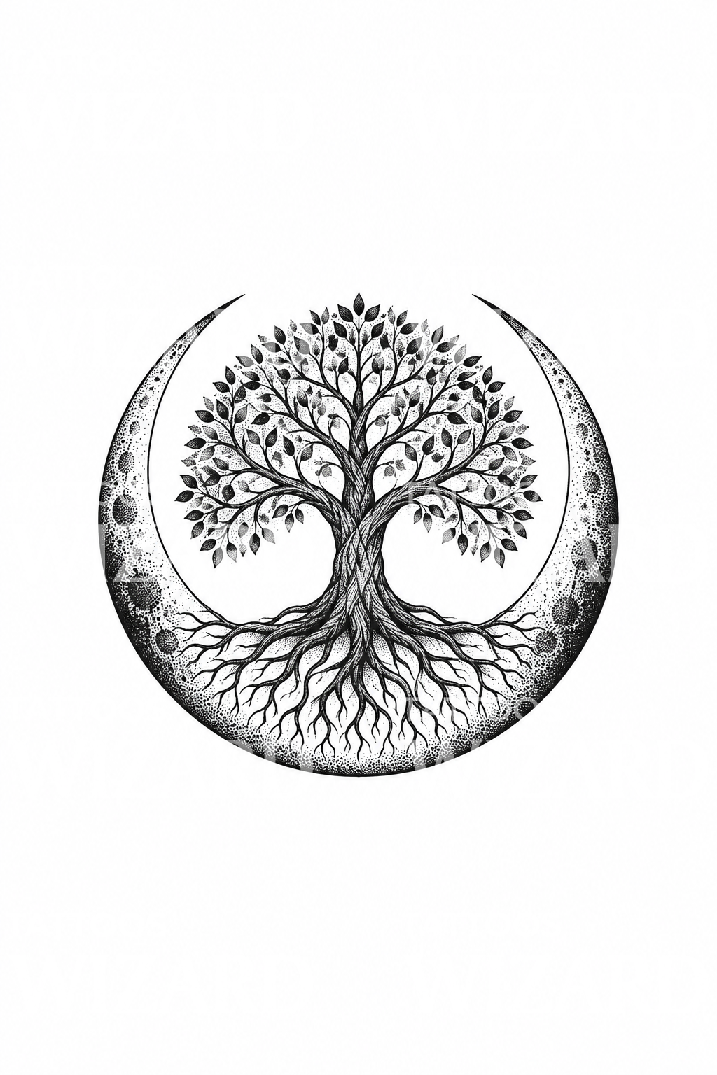 Τατουάζ dotwork με δέντρο της ζωής μέσα σε ημισέληνο
