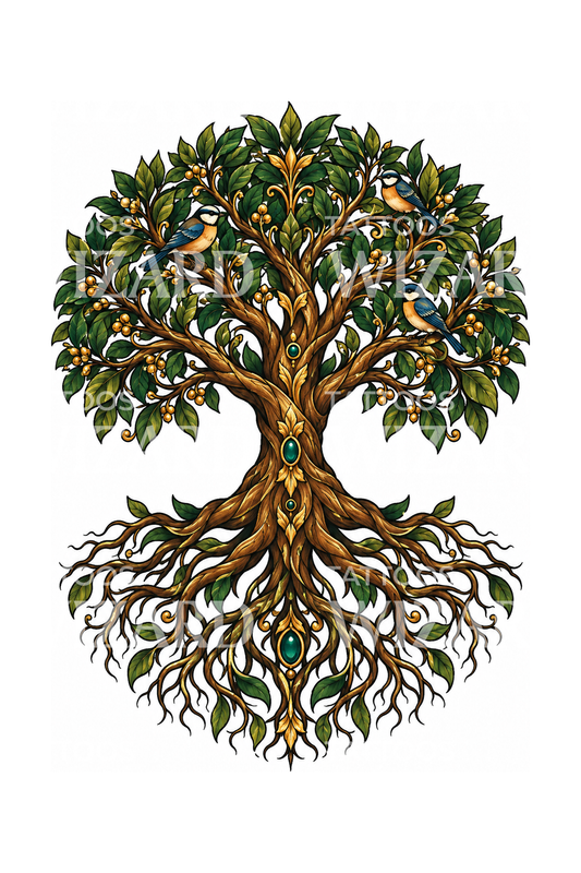 Lebensbaum mit Wurzeln und Singvögeln als Tattoo-Design