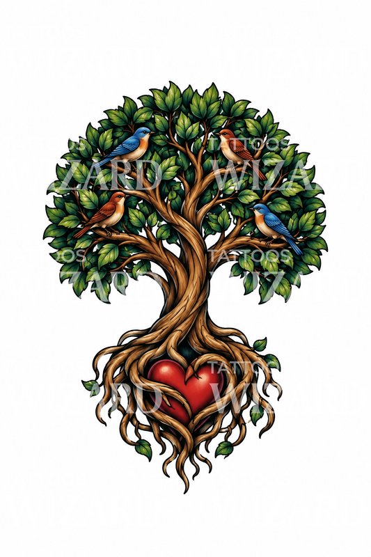 Tree of Life with Roots Wrapping Heart and Birds Tattoo