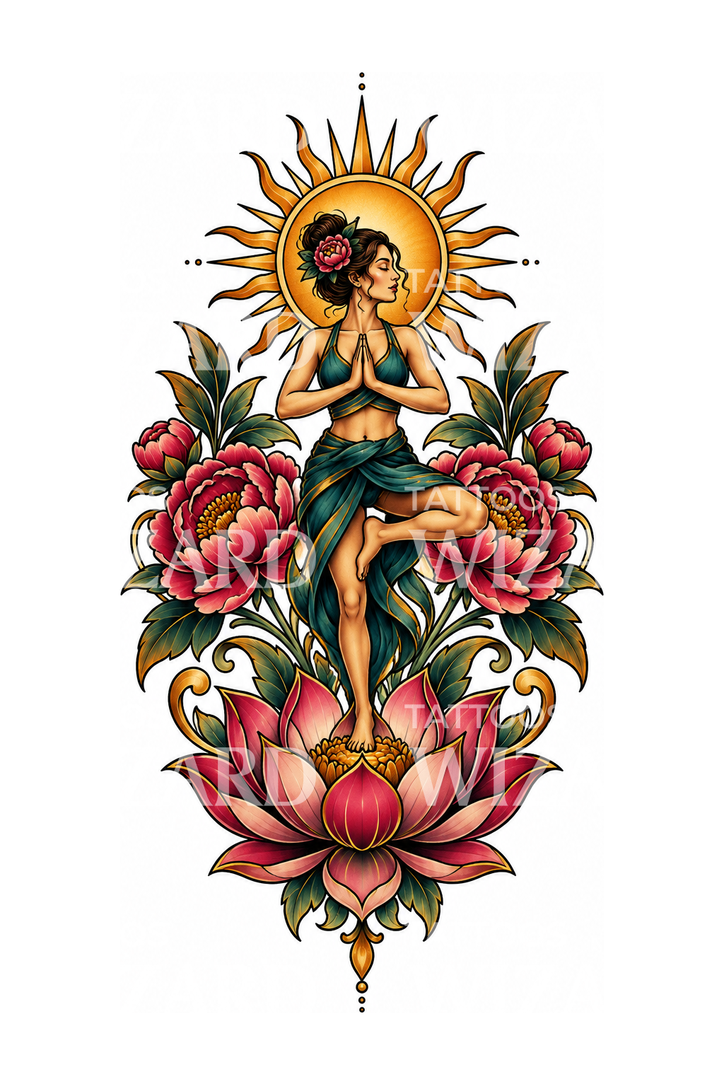 Tree Pose Yogi Lotus and Peonies Tattoo – Tattoos Wizard Designs
