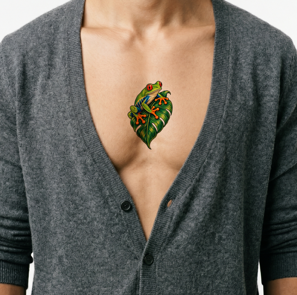 Rã arborícola de olhos vermelhos numa folha de monstera, ideia de tatuagem