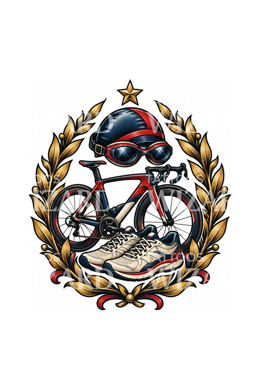 Triathlon-Tattoo mit Lorbeerkranz und Ausrüstung