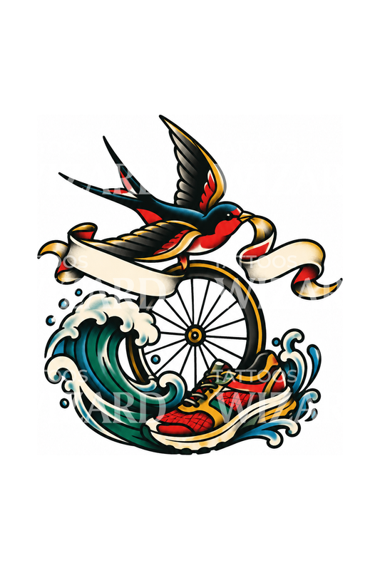 Tatouage de triathlon avec hirondelle, vague, roue et chaussure