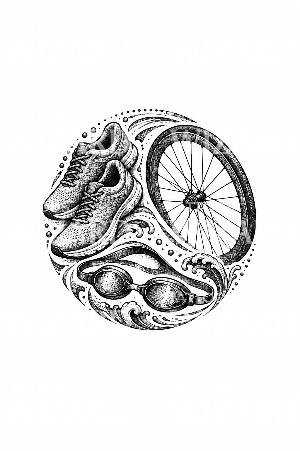 Dotwork-tatuering med triathlon: simning, cykling, löpning
