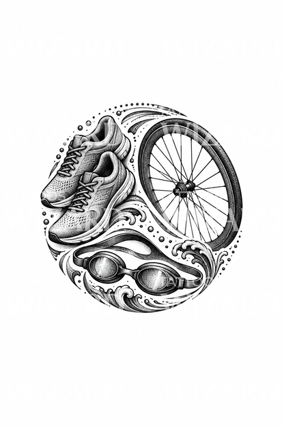 Dotwork-tatuering med triathlon: simning, cykling, löpning