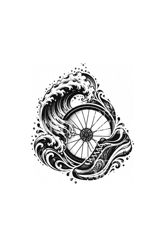Triathlon-Emblem mit Welle, Rad und Schuh als Blackwork-Tattoo