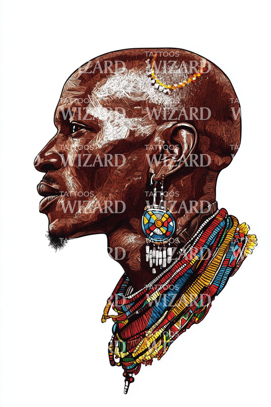 Tribal Beaded Warrior Portrait Tattoo Design