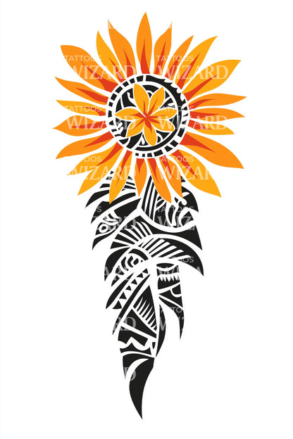 Diseño de tatuaje de lanza con girasol tribal