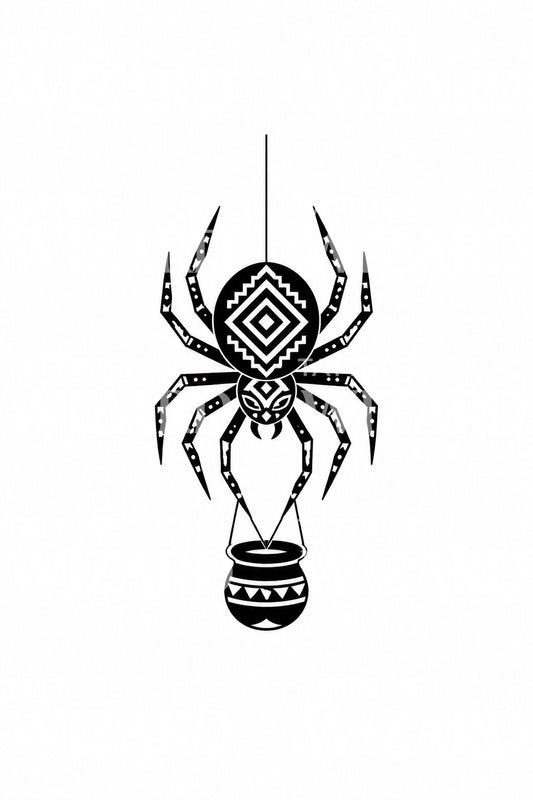 Diseño de tatuaje de araña embaucadora en vasija de historias