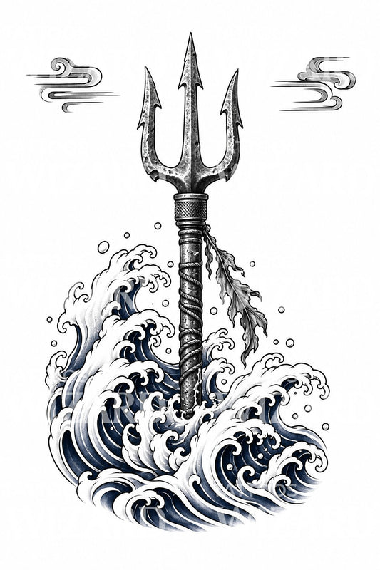 Trident in Breaking Wave Tattoo Design