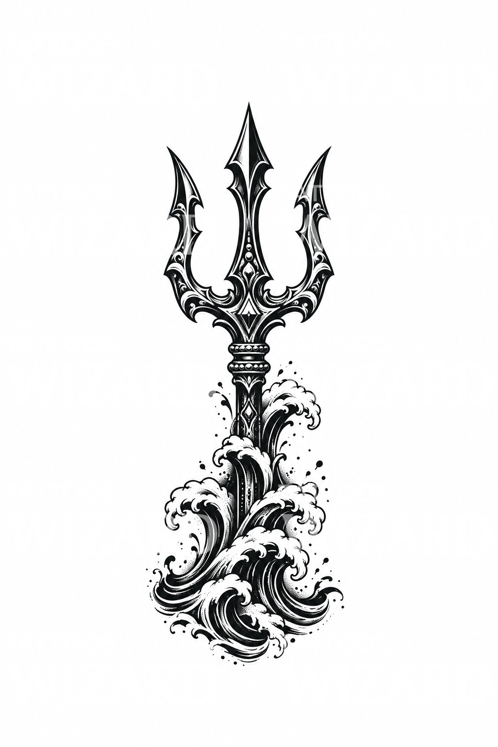 Tatuaggio blackwork del tridente che emerge dalle onde