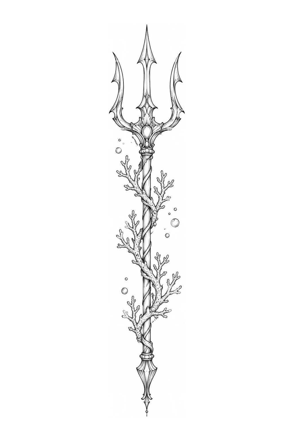 Trident with Coral Branch Fine Line Tattoo Idea