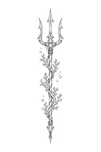 Trident with Coral Branch Fine Line Tattoo Idea