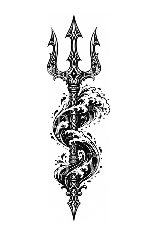 Blackwork-tatuointi kolmikosta ja murtuvasta aallosta