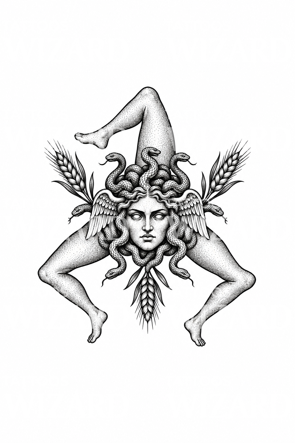 Trinacria Medusa and Wheat Tattoo Design