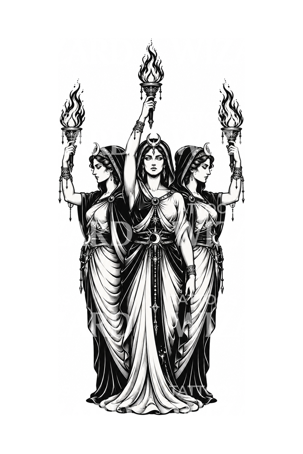 Triple Hecate with Torches Tattoo Design