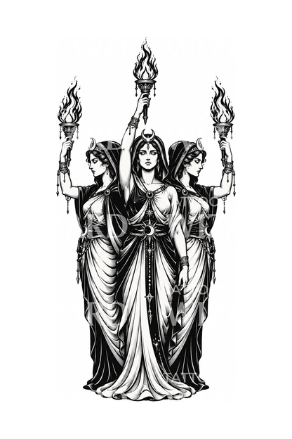 Triple Hecate with Torches Tattoo Design