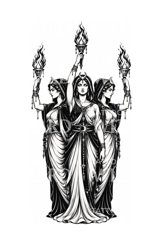 Design de tatouage d’Hécate triple avec torches