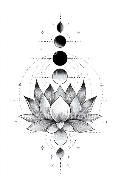 三月亮莲花纹身设计