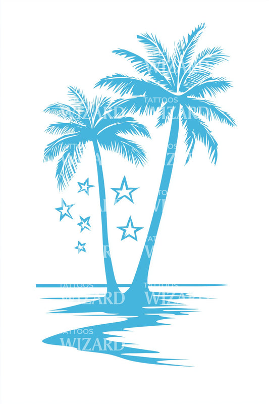 Design de tatouage lagon aux palmiers tropicaux