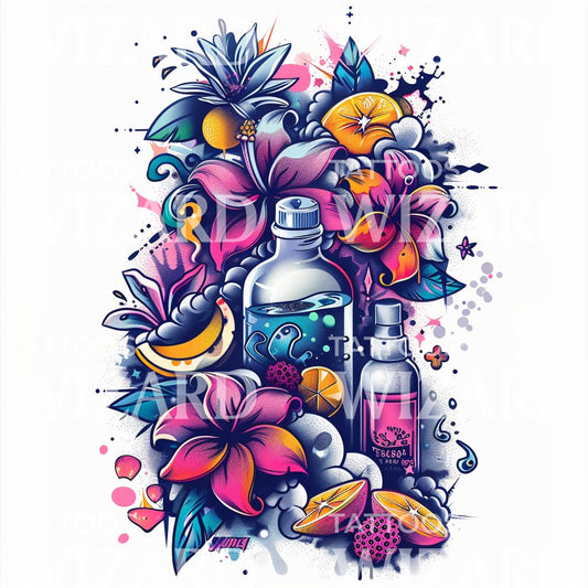 Tropical Paradise with Floral and Bottle Tattoo Design