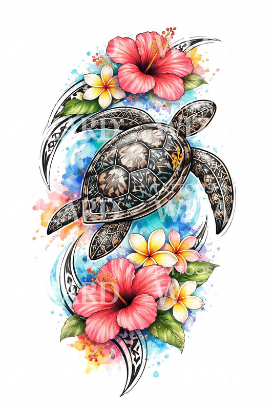Tropical Sea Turtle Tattoo Design