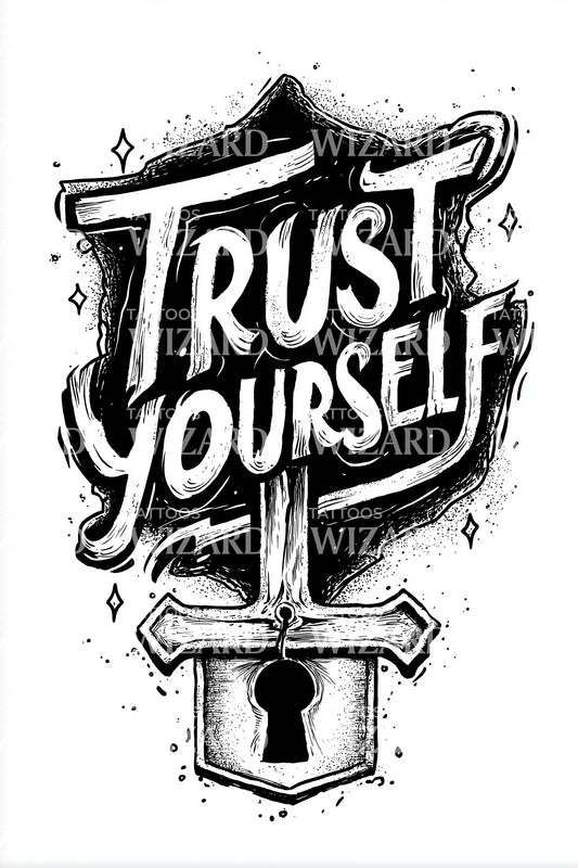 Trust Yourself Sword Emblem Tattoo Design