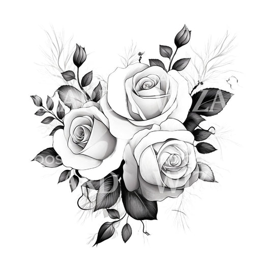 Black and Grey Roses Bouquet Tattoo Design