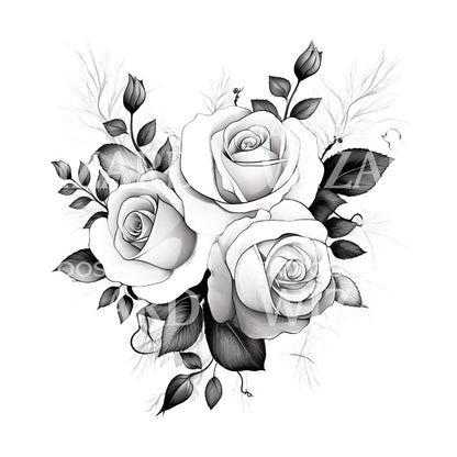 Black and Grey Roses Bouquet Tattoo Design