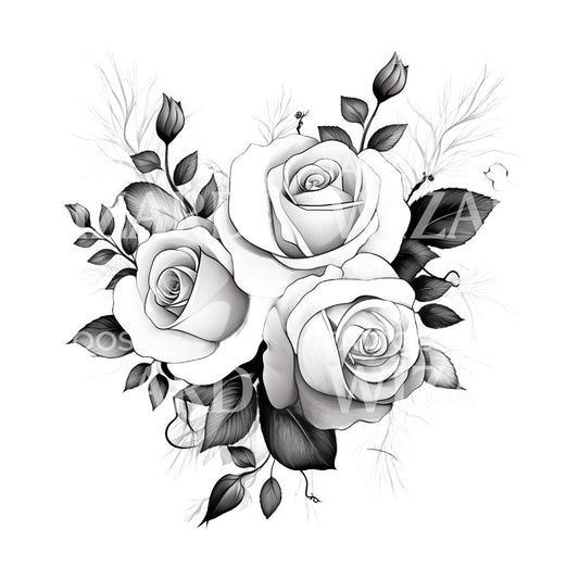 Tattoo-Design mit schwarzem und grauem Rosenstrauß