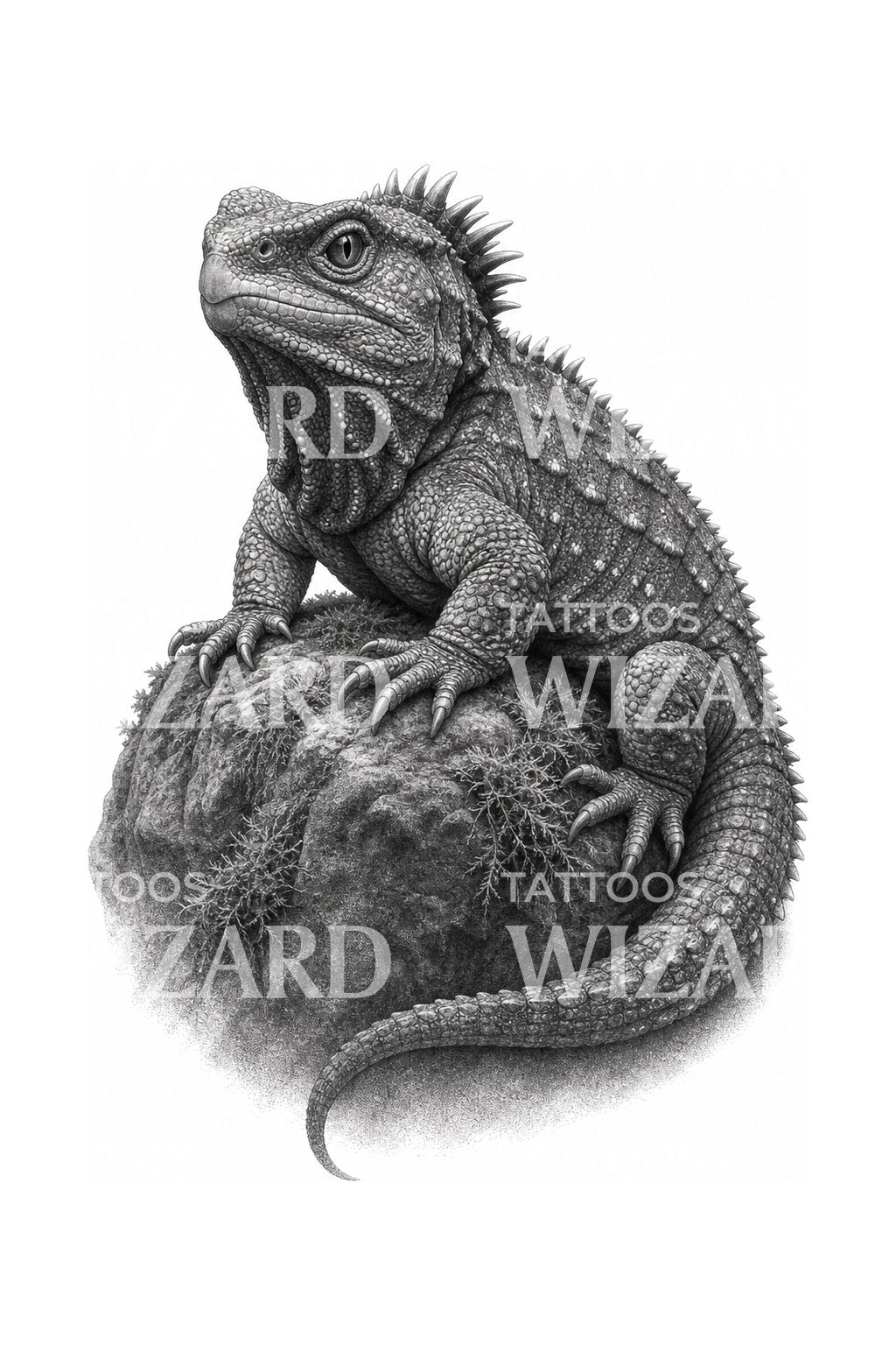 Tuatara on Mossy Stone Tattoo Design