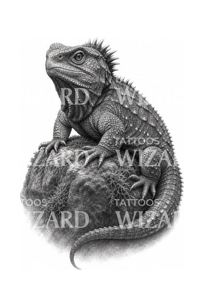 Tuatara on Mossy Stone Tattoo Design