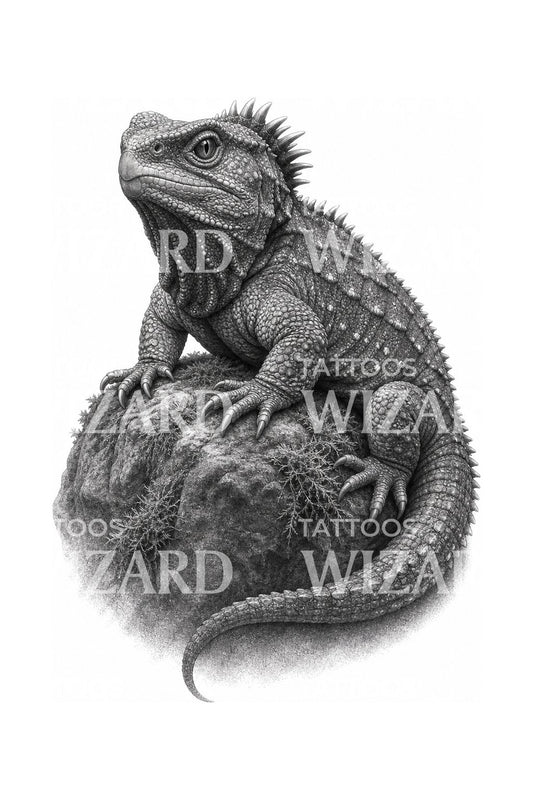 Tatueringdesign med en tuatara på mossig sten