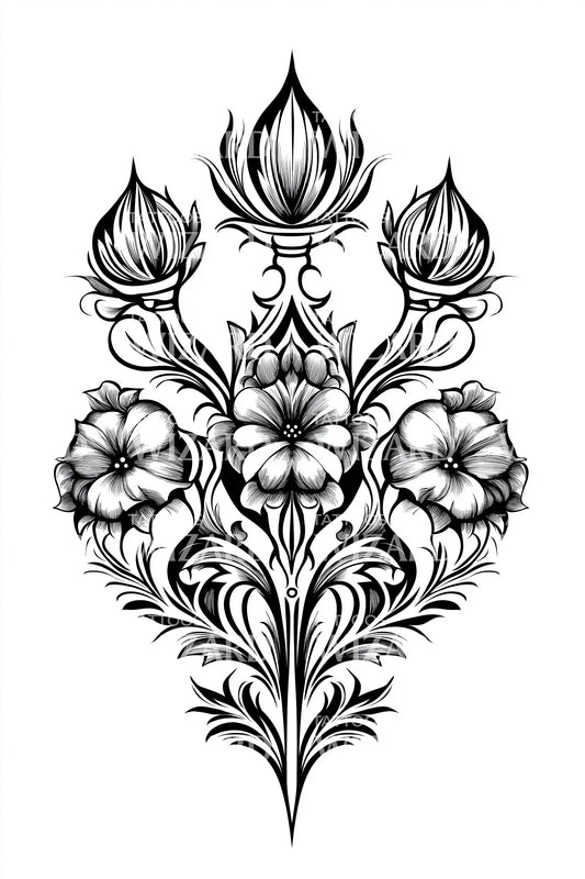 Tulip Scrollwork Bouquet Tattoo Design