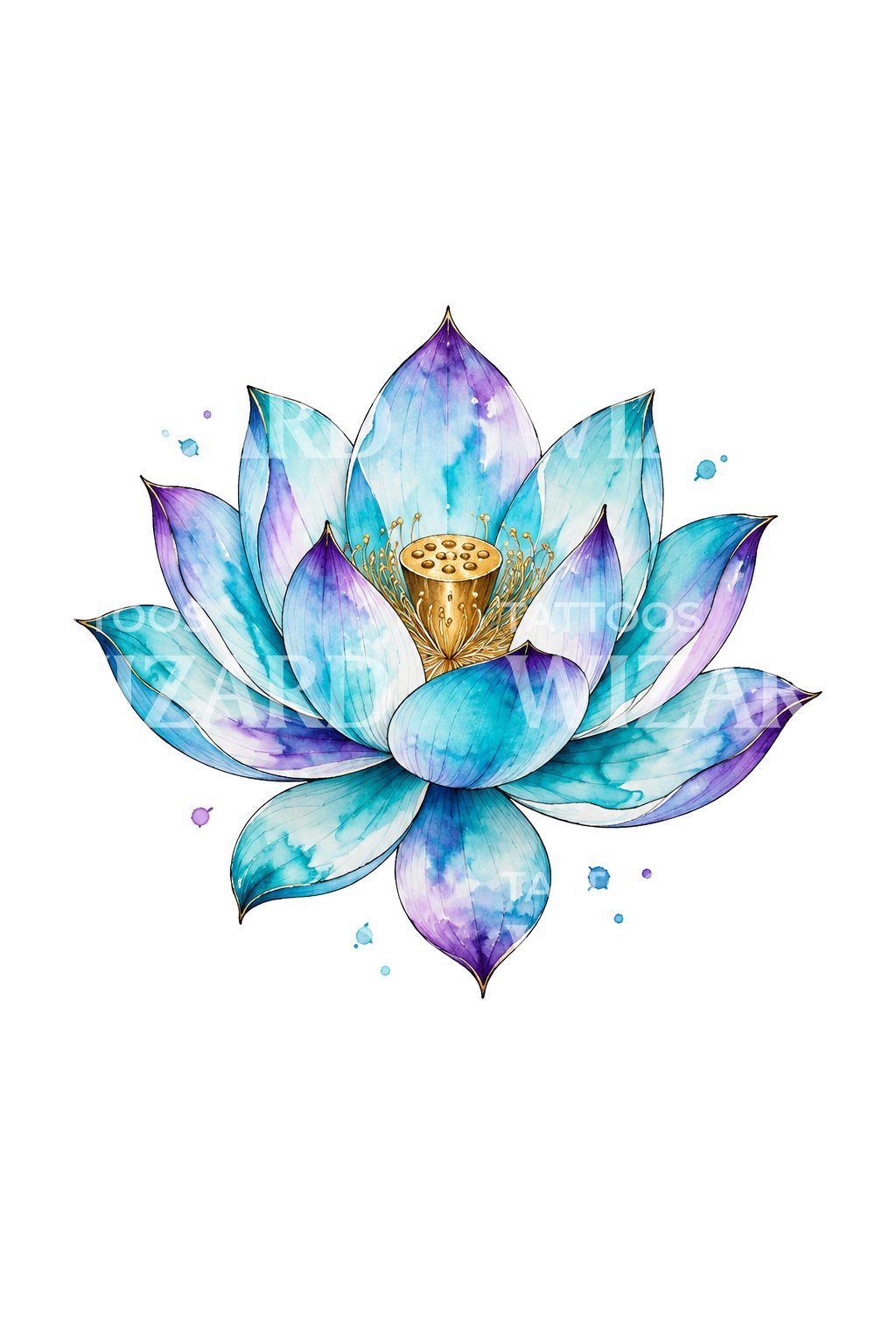 Turquoise and Violet Watercolor Lotus Tattoo Design