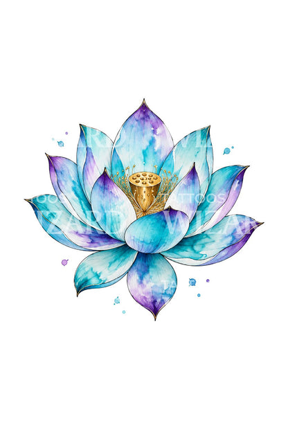 Turquoise and Violet Watercolor Lotus Tattoo Design
