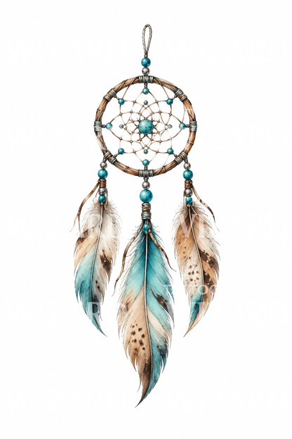 Aquarel-tatoeage van dromenvanger met turquoise kralen