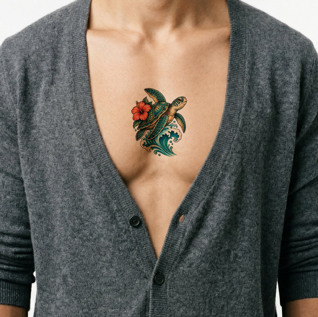 Tatoveringsdesign med havskilpadde, hibiskus og bølge