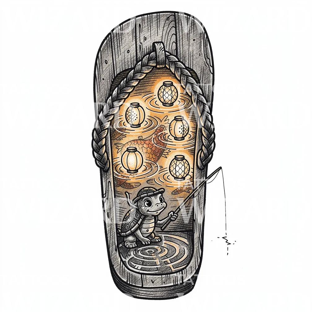 Turtle Lantern Pond Tattoo Design