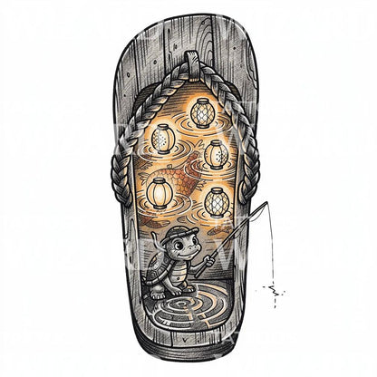 Turtle Lantern Pond Tattoo Design